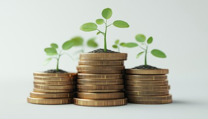 Growing Eco-Friendly Investments: Sustainable Finance And Green Business Coins Accumulating On Top With Seedlings For Limiting Climate Change.