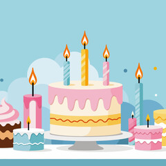 Celebration-Time-Delicious-Birthday-Cakes-With-Burning-Candles-Colorful-Party-Treats-for-Kids-and-Adults-Festive-Background-Joyful-Moments