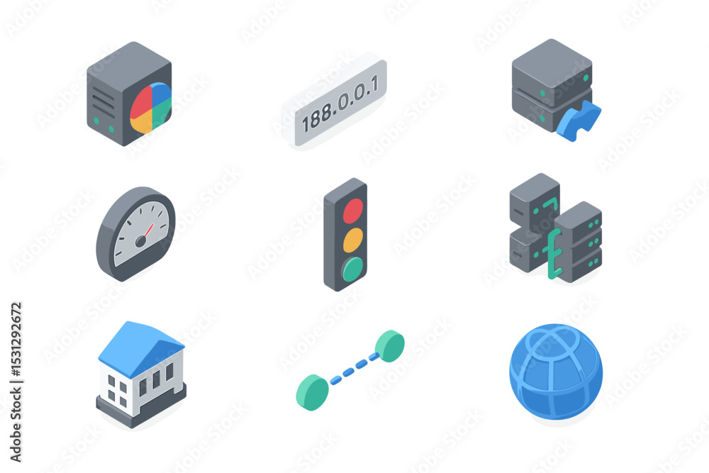 Poster isometric network and data icons featuring traffic light and server elements