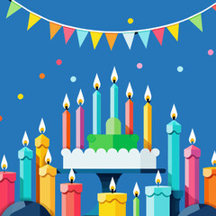 Colorful-Birthday-Celebration-Flat-Design-Cake-Candles-and-Bunting-Banner-Festive-Party-Background-Vector-Illustration-Celebration-Party-Design