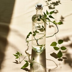 Still life: Bottle with clear liquid and leafy plant on linen surface