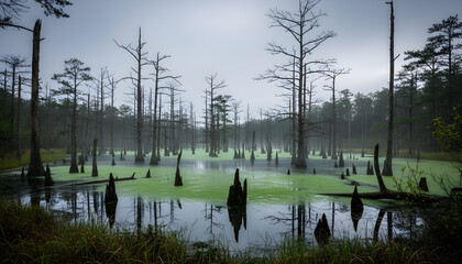 Fog shrouded swamp with skeletal trees and stagnant green waters, creating a mysterious and melancholic landscape
