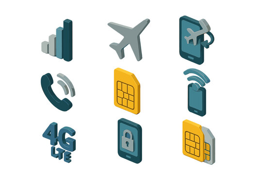 3d isometric icons: sim card, airplane, phone, signal, lock, 4g lte