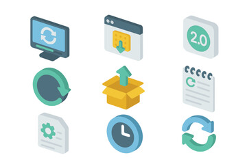 Isometric technology icons set with synchronization and updates