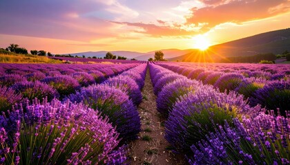 Fototapeta premium Pathway Through Blooming Lavender Field at Sunset in Vibrant Hues