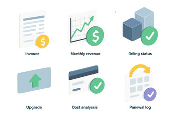Financial dashboard interface with graph, invoice, and billing status icons