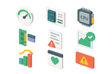 Isometric icons of technology elements including cpu and data analysis