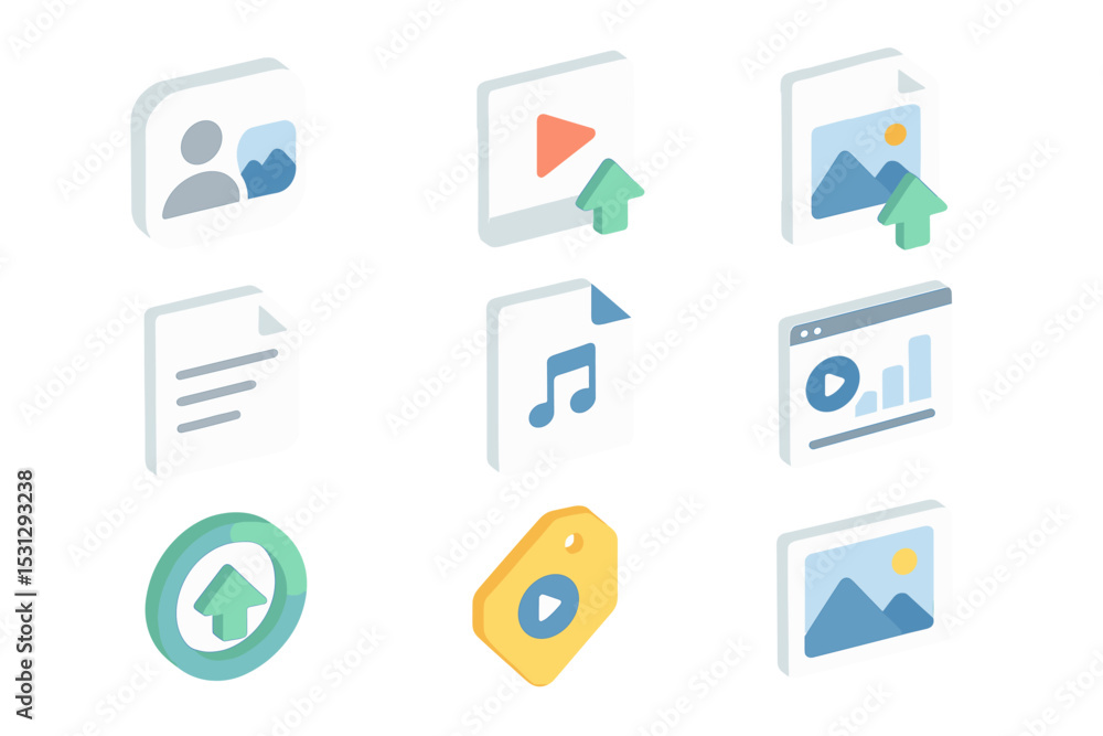 Poster set of digital icons for media and file uploads with highlighted icon