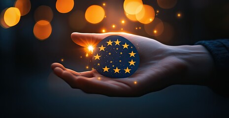 A hand holds a glowing European Union symbol