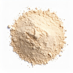 Heap of beige powder isolated on white background. Make up eye shadow, cosmetic product.