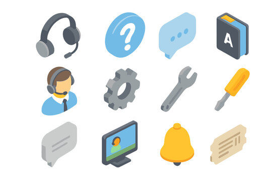 Isometric tech support icons with tools, headset, and notification bell
