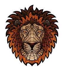 Majestic Lion: A regal lion's face, artistically rendered with intricate lines and warm colors, embodies strength and nobility. The detailed artwork creates a captivating presence. 