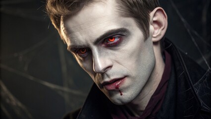 close-up portrait of a pale-skinned man with vampire makeup, glowing red eyes, subtle fangs showing, dramatic side lighting, blood drip at corner of mouth, dark background