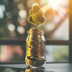Money Growth: Coins in a jar sprout into a tree, symbolising investment