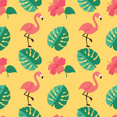 Obraz premium Tropical summer pattern with flamingos and monstera leaves on a yellow backgroubd
