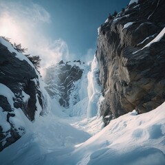 Snowy Canyon with Icy Waterfall and Stone Cliffs on a Winter Day.
