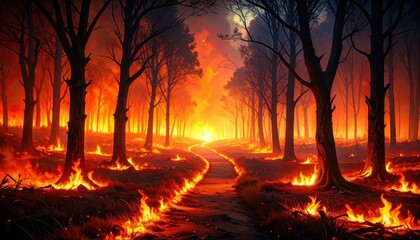 Obraz premium Pathway Through Field of Glowing Embers Aftermath of Fire
