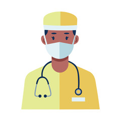 woman doctor with stethoscope, wearing a mask and surgical suit. Flat medical vector illustration, avatar	

