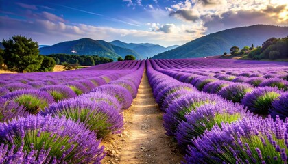 Fototapeta premium Serene Pathway Through Lavender Fields bathed in Purple Hues