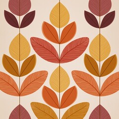 Retro Floral Pattern with stylized leaves in autumn colors.