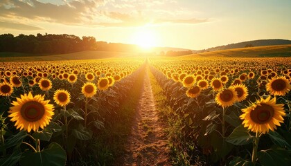 Fototapeta premium Bright Pathway Through Sunflower Field Under Noon Sunlight