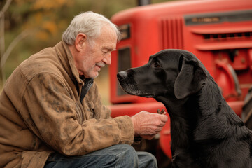 Man sitting on bench with dog, both looking out at serene lake.Autumn leaves scattered around, creating a peaceful scene.