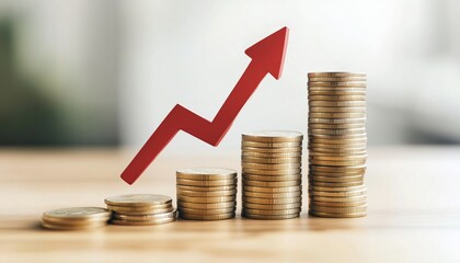 Financial Interest Rates Increasing: Stack Of Coins On Wooden Table With White Background, Featuring Percentage Symbol And Upward Arrow.