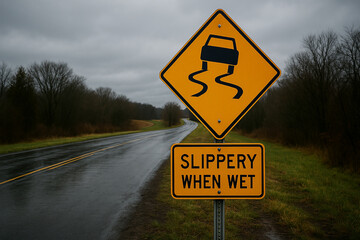 Slippery when wet caution road sign on rural street during overcast day