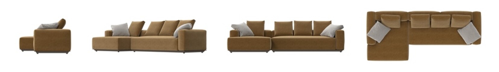 brown fabric sectional sofa with light gray pillows multiple view isolated.