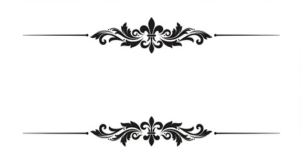 Elegant black vintage ornamental border lines featuring intricate floral scrollwork and central fleur-de-lis. Symmetrical classic dividers for formal invitations, certificates, and text separation.