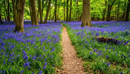 Fototapeta premium Serene Pathway Through Vibrant Field of Wild Bluebells in Forest