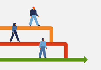 People working together to achieve target. teamwork or unity to success. Employees fuse in one strong direction, combining efforts, knowledge and experience to scoring a goal. Vector illustration