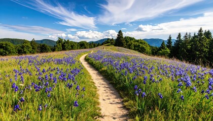 Obraz premium Serene Pathway Through a Vibrant Field of Purple Wild Irises
