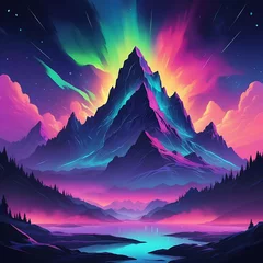 Selbstklebende Fototapeten Futuristic fantasy mountain range glowing under a vivid neon aurora sky — abstract digital landscape background with bright colors, surreal peaks, and night sky lights perfect for creative wallpapers  © Perfectimagehub