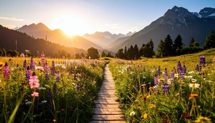 Pathway Through Vibrant Field of Wildflowers at Sunrise