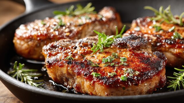 Three juicy pan-seared pork chops seasoned with fresh rosemary and thyme are sizzling in a dark cast iron skillet ready to be served.