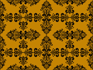 Ornate black baroque floral patterns on a mustard yellow background create an elegant and classic wallpaper design.