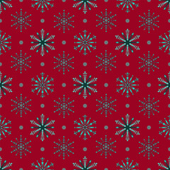 Red background with a repeating pattern of blue and green snowflakes arranged in a festive, symmetrical design.