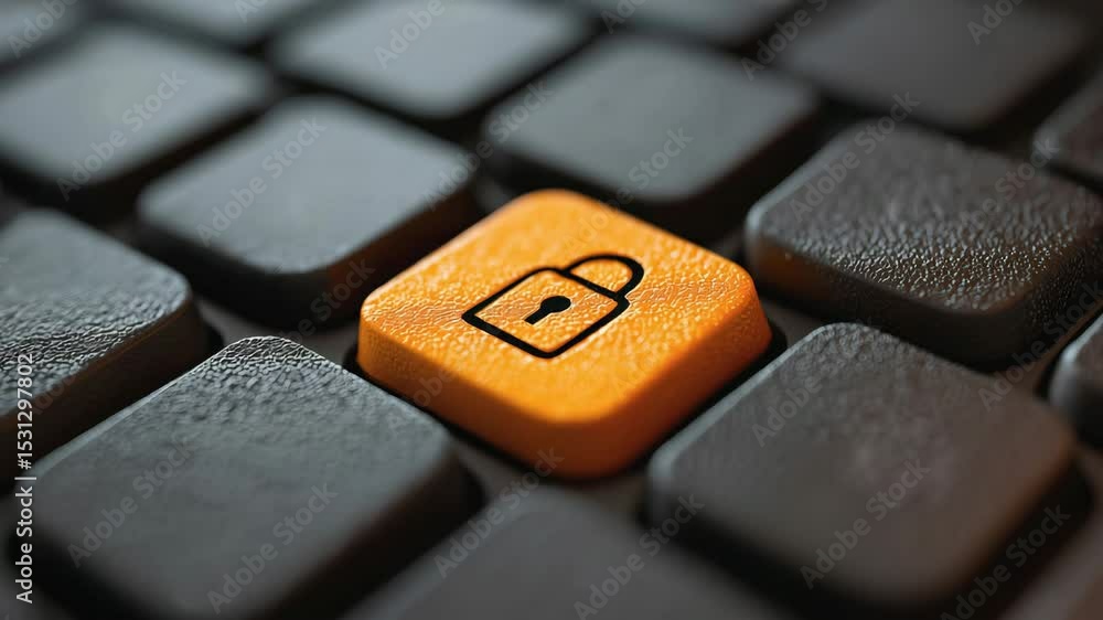 Poster a close-up of a keyboard with an orange key featuring a padlock symbol, representing digital securit