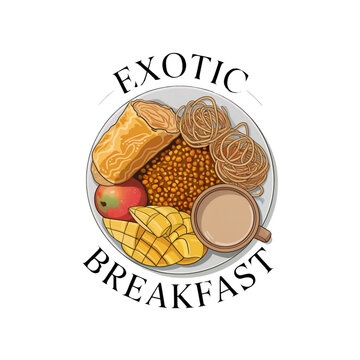 Vector illustration of an exotic breakfast plate with fried noodles, parotta bread, lentil curry, mango slices and tea, served with decorative title "Exotic Breakfast" in curved text. Clean food layou