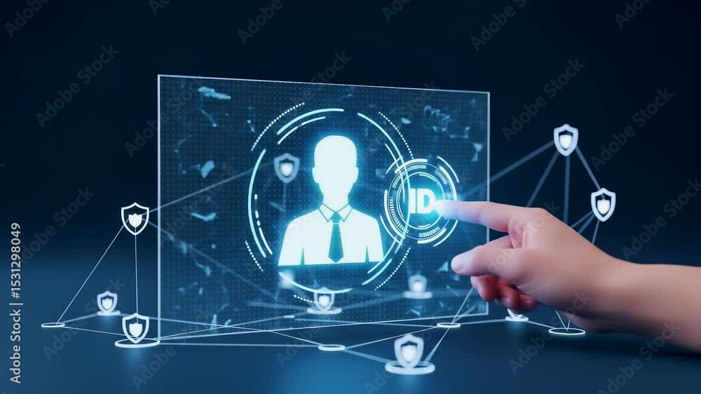 Poster a finger touches a holographic human icon, surrounded by security shields and network lines, symboli