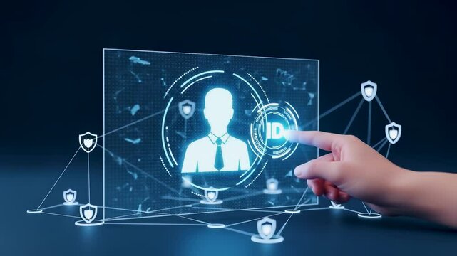 A finger touches a holographic human icon, surrounded by security shields and network lines, symbolizing blockchain ID verification and secure user access.