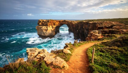 Rugged Coastal Path with Dramatic Rock Arches and Powerful Waves