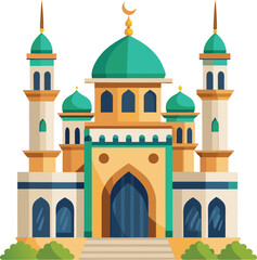 Colorful cartoon illustration of a mosque building with towers domes and crescent moon symbol