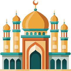 Colorful flat illustration of an islamic mosque building with crescent moon symbol on top