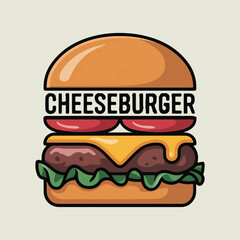 Colorful vector illustration of a classic cheeseburger with solid colors, including bun, cheese, patty, lettuce, and tomato. Perfect for National Cheeseburger Day promotions and social media.