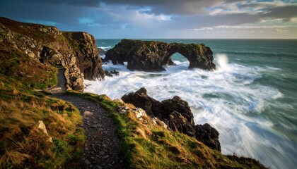 Dramatic Coastal Path with Rugged Rock Arches and Powerful Waves