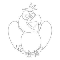 Funny bird sitting with happy expression, folded wings, open mouth and big eyes. Black and white. Cartoon vector illustration for coloring book, print, worksheet.