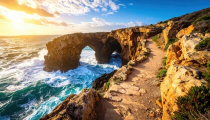 Rugged Coastal Path with Dramatic Rock Arches and Powerful Waves