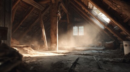 Sun-drenched empty attic with angled wooden beams, warm light, and vintage charm, dust particles floating in the air